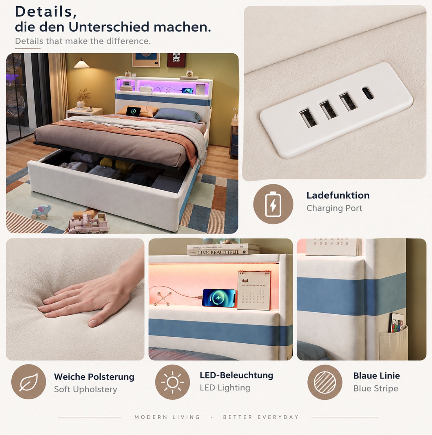 MODENUIT Opbergbed – Hydraulisch – 140 x 200 Cm – Fluweel – Wit En Blauw – Led En Usb-Aansluitingen – Zijvakken
