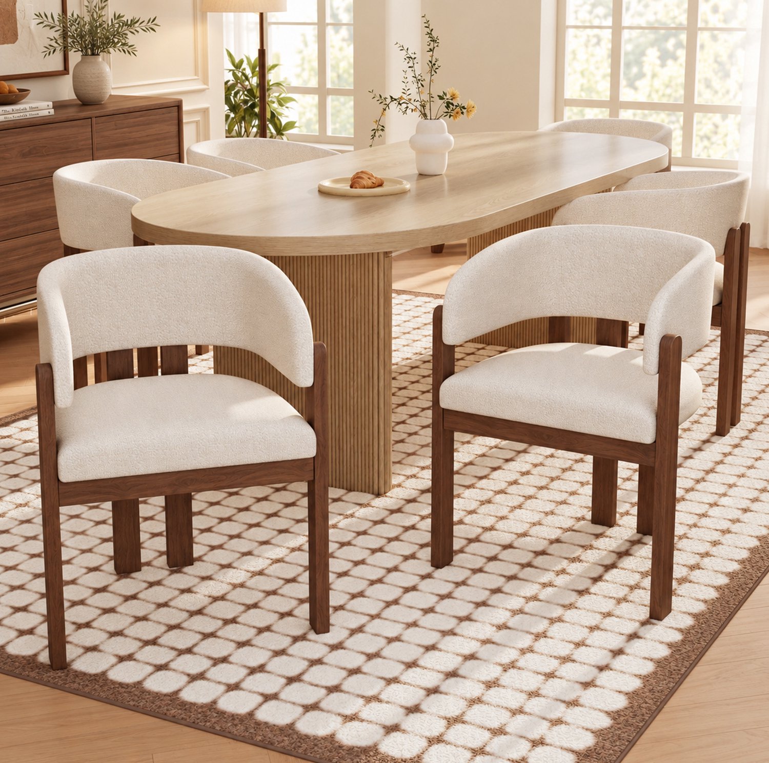 MODFU Eetkamerstoelen Set Van 4 - Met Armleuningen - Bouclé - Beige En Walnootkleur Walnootkleurig