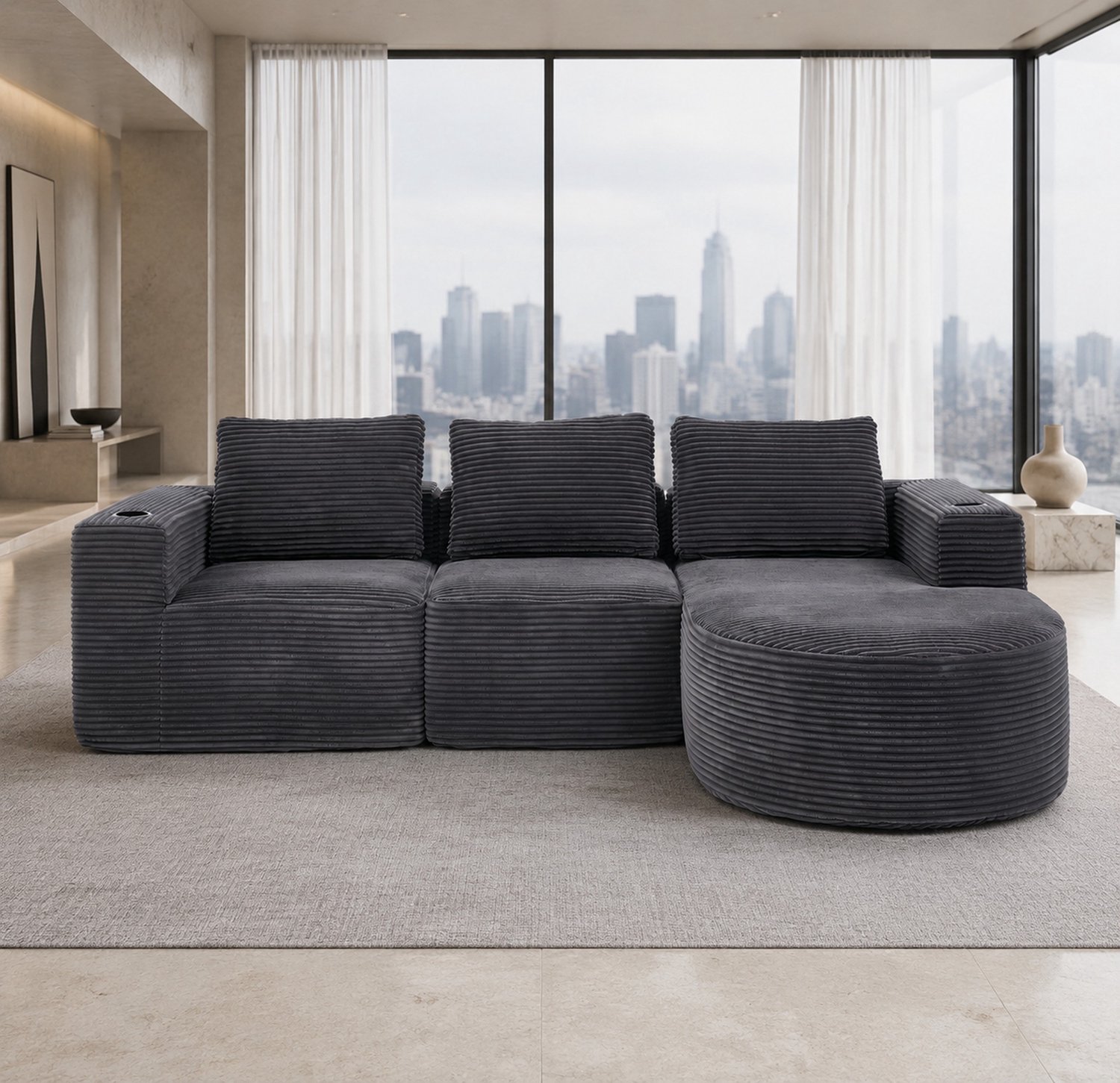 WUVRIE Hoekbank 265x176 cm - Met 3 kussens en dubbele bekerhouder - Donkergrijs