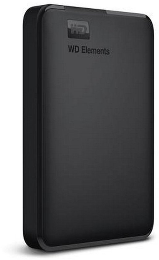 Zwarte Western Digital Elements draagbare harde schijf, schuin vooraanzicht.