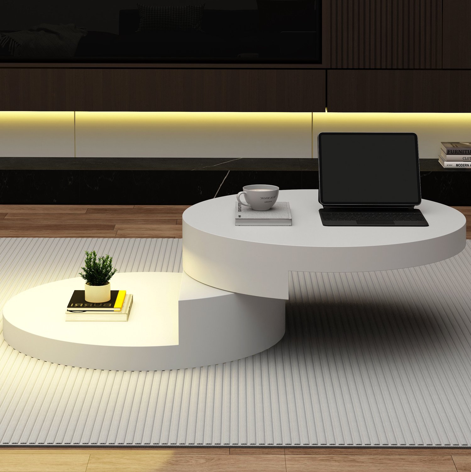 COVREO Salontafel met draaibaar blad – 70 x 70 x 35,5 cm – Ronde zeteltafel met LED – Tafel met 2 lagen voor woonkamer – Wit
