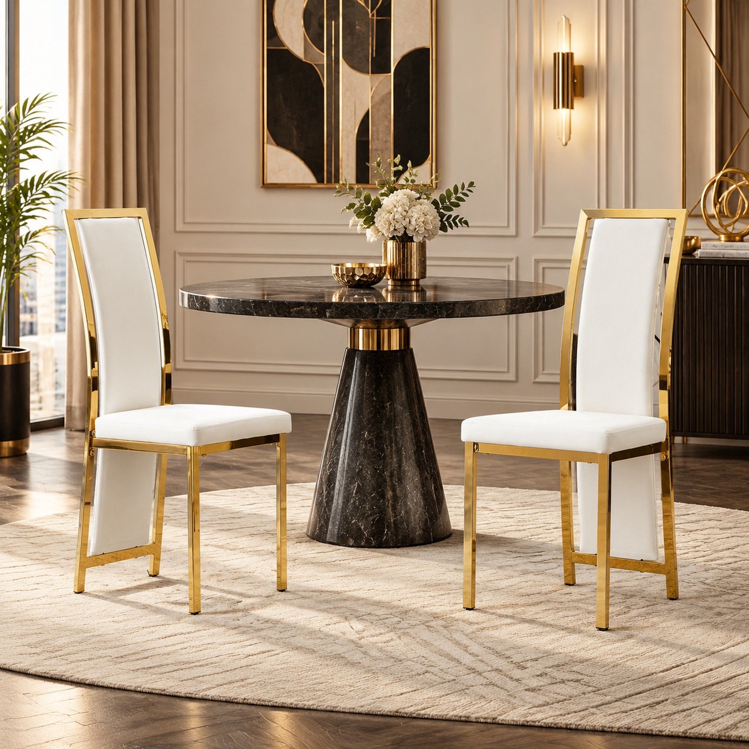 CHICFURN Eetkamerstoel - Set van 2 - Hoge rugleuning - Wit en goud