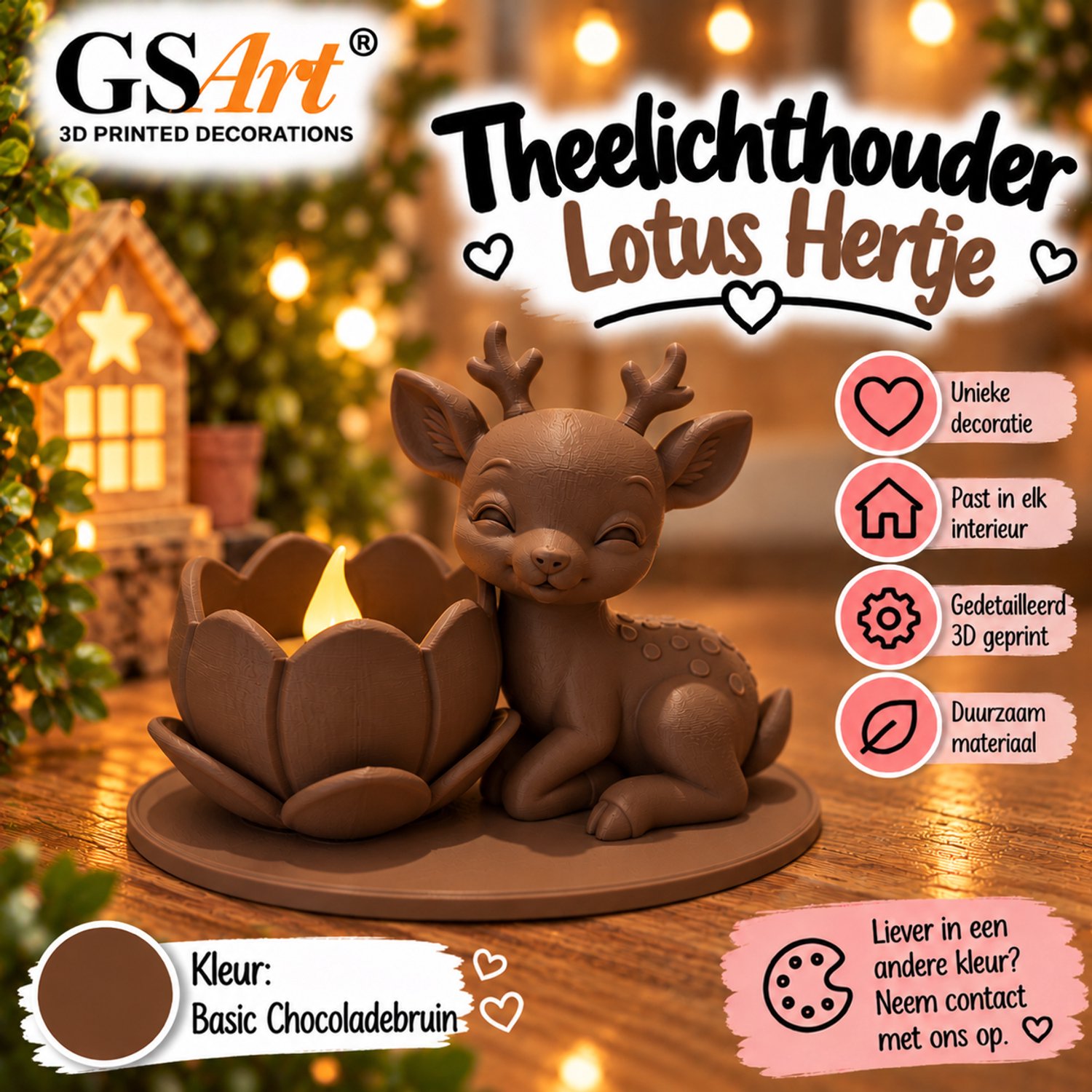 GSArt Theelichthouder Lotus Hertje – Inclusief LED Theelichtje – 3D Geprint - Basic Chocoladebruin