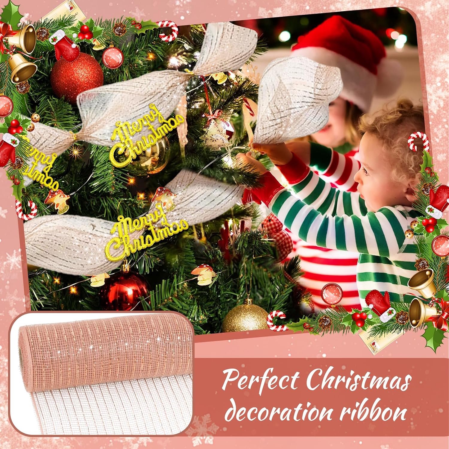 Kerstlint - 25 cm * 9,1 m - DIY kerstboom mesh rol scène lay-out - mesh lint - Kerstdecoratie - Kerst mesh lint rol - feestdecoratie - mesh lintrol - vaak gebruikt voor het versieren van slingers, kerstbomen en geschenkverpakkingen - Rose goud – foto 4