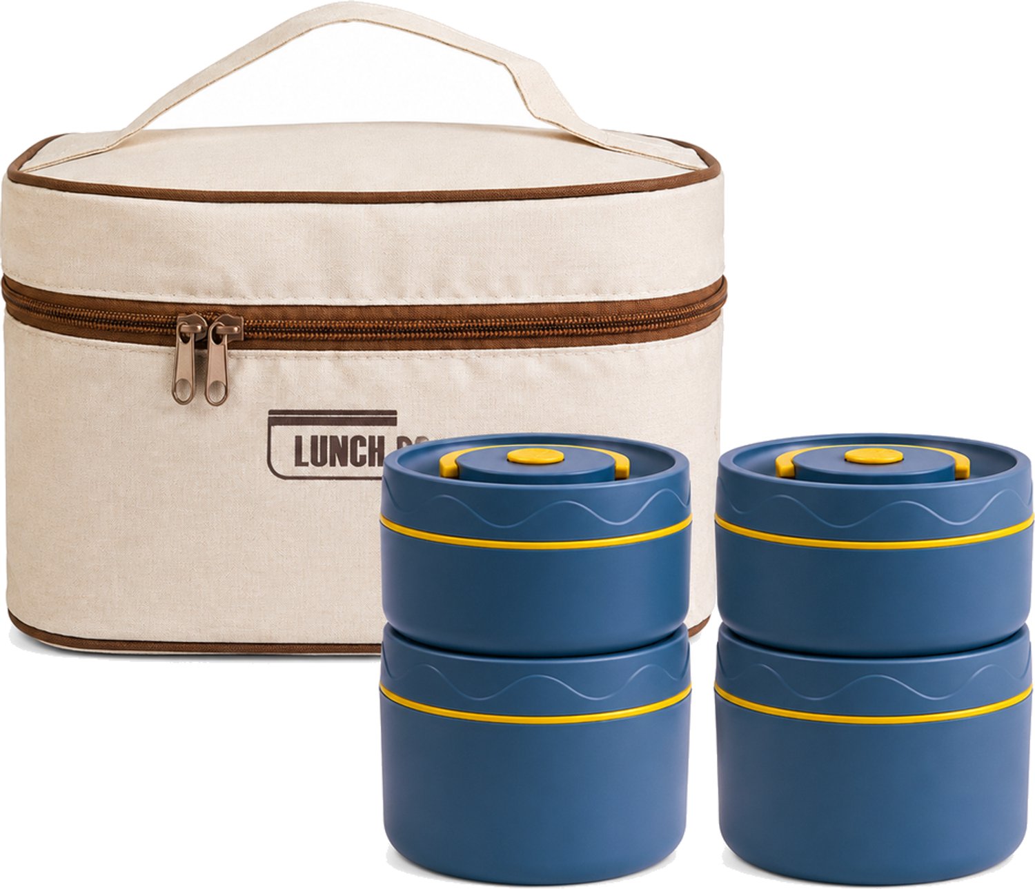 Broodtrommelset met 4 ronde bakjes (2 × 440 ml, 2 × 600 ml) en tas