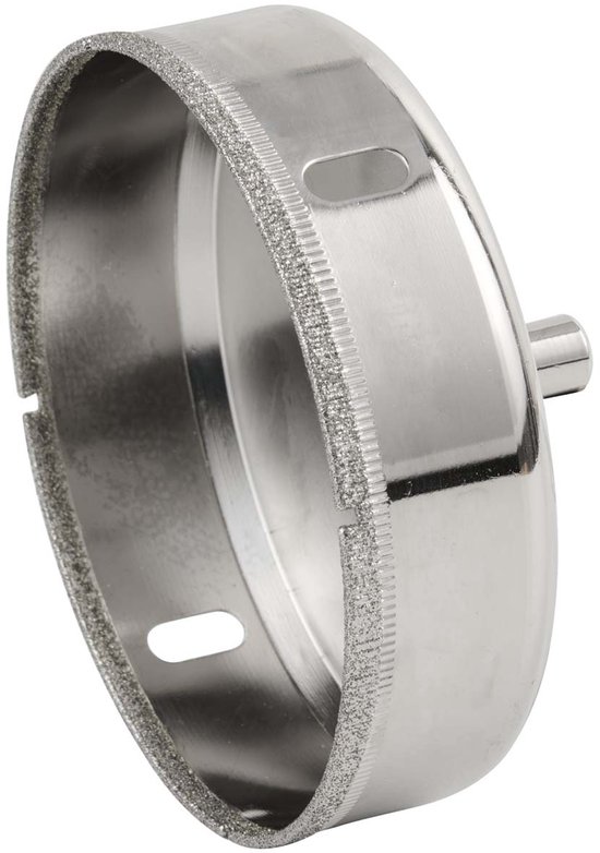 Zilverkleurige tegelboor met diamanten zaagrand, sleufgaten en schacht.