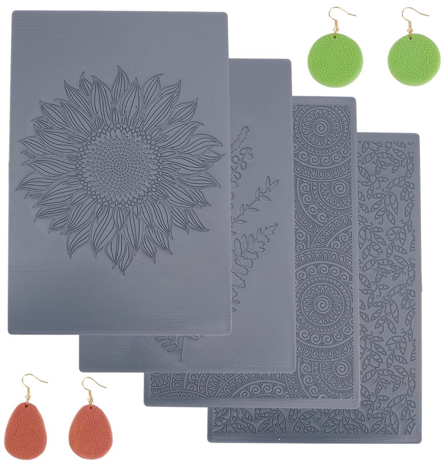 Structuurbladen voor polymeerklei - Set van 4 stuks - Met bloemmotief voor klei-bewerking - 15 x 10 cm