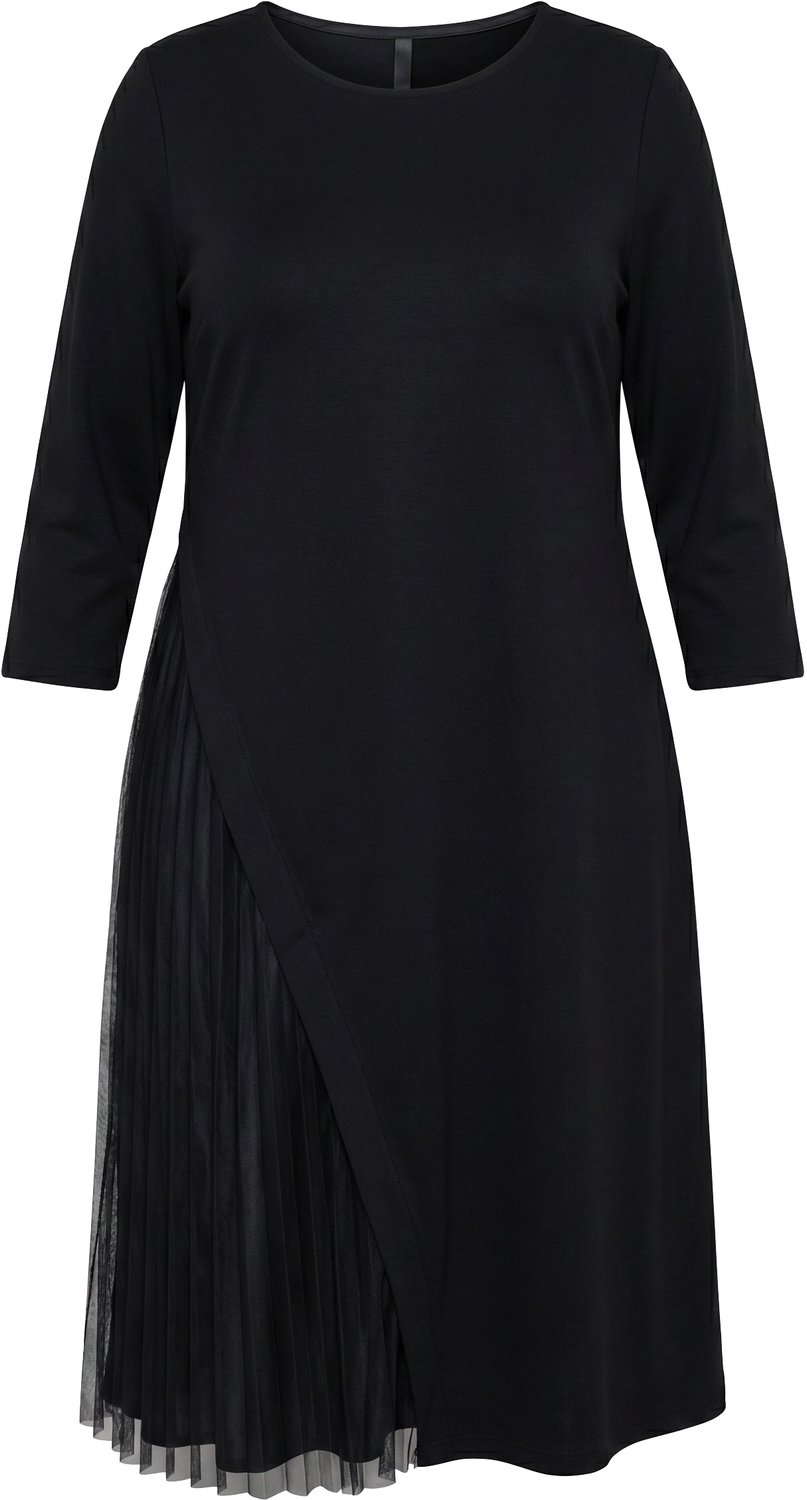 Ulla Popken - Dames - Jersey midi-jurk plissé-inzetstuk A-lijn ronde hals - Zwart - Maat 42+