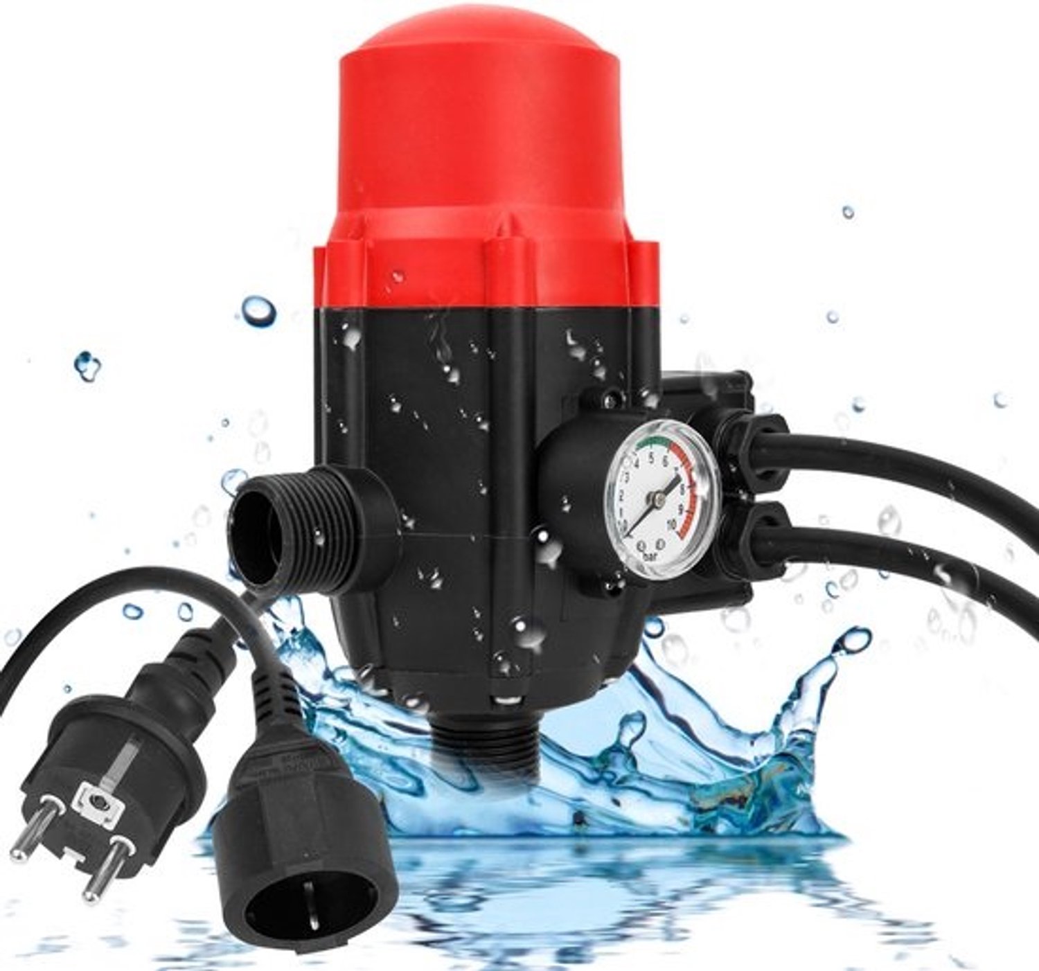 Elektronische schakelaar voor druk - tot 10 Bar - Bestemd voor waterpompen - Regeling van de pomp - Schakelt de pomp aan en uit - Aansturing van de pomp - Beveiligingssysteem tegen drooglopen - Rood