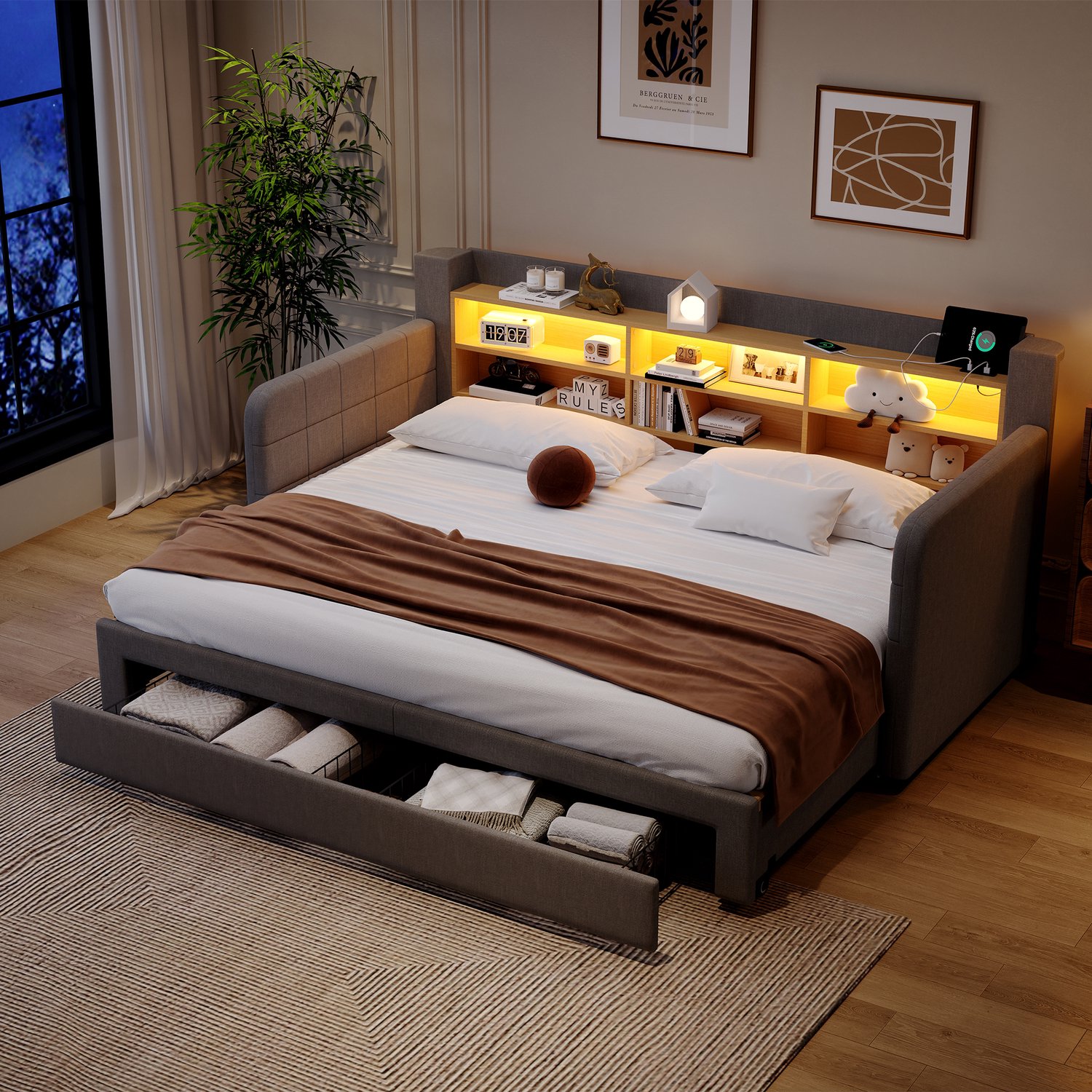 Zubaliya Uitschuifbaar dagbed - 90 x 200 cm - Grijs - LED en opbergruimte