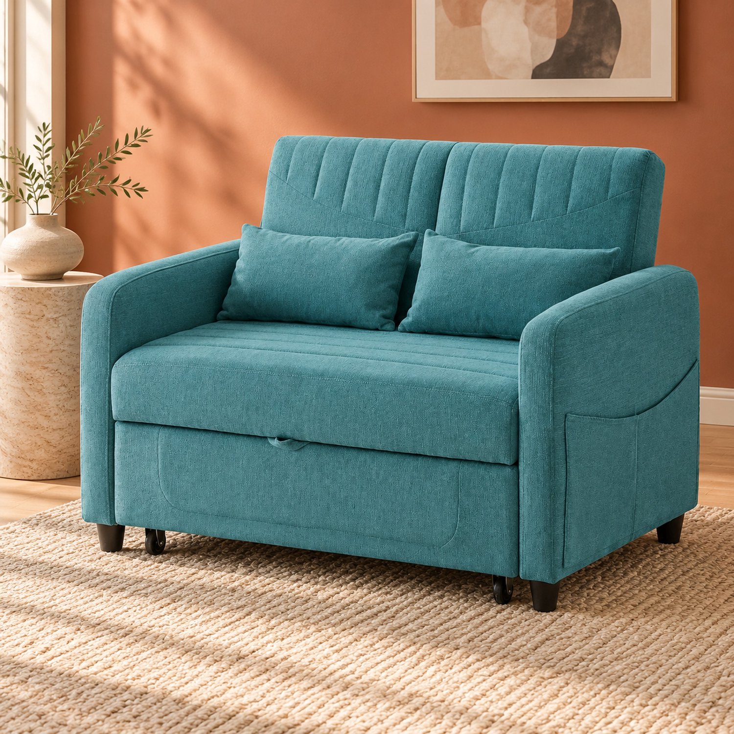 WUVRIE 2-zits slaapbank - Uittrekbaar tot slaapvlak 166x95 cm - 3 verstelbare rugstanden - Antiek blauwgroen