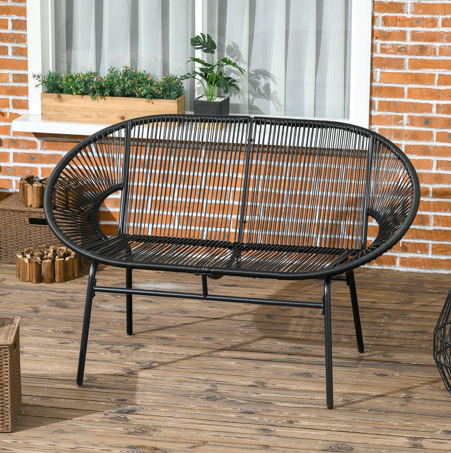 CHICFURN 2-zits tuinbank - PE-rattan - Stalen frame - Zwart