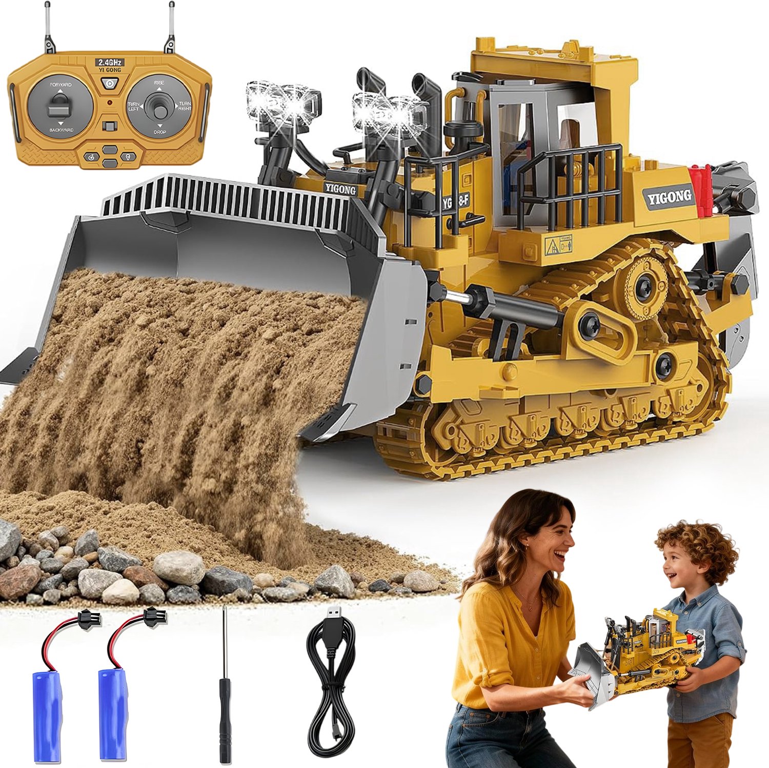 RC Bulldozer Speelgoed - Bestuurbare Bulldozer - Bouwvoertuig Speelgoed met Afstandsbediening - Graafmachine - 25×13.4×11.6cm - 9 Kanalen - 2,4 GHz - Aluminium Behuizing - Hefbare Emmer - Voor Realistisch Bouwspel