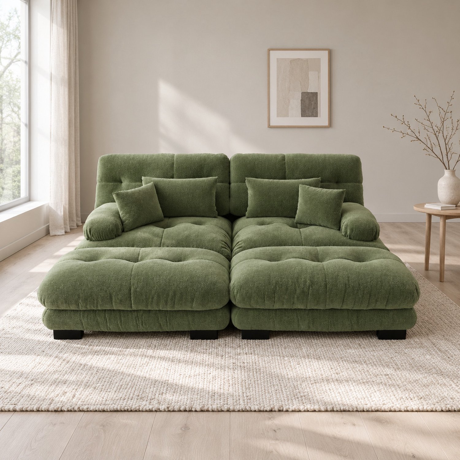WUVRIE Modulaire hoekbank 220x145x81 cm - Chenille met 2 ottomans en kussens - Groen