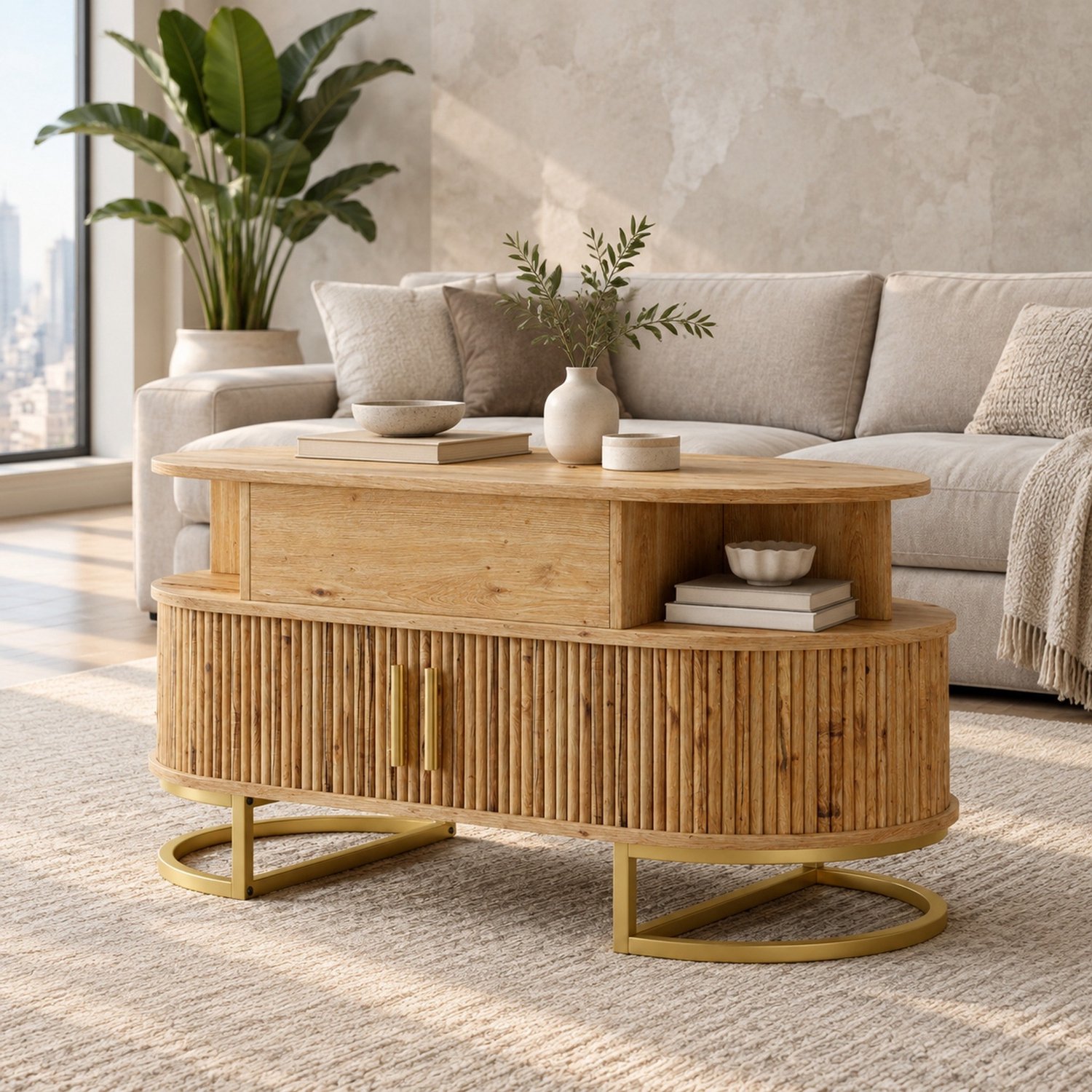 Maisentiel Ovale salontafel 100 x 50 cm – hoogteverstelbaar MDF met opbergruimte, naturel