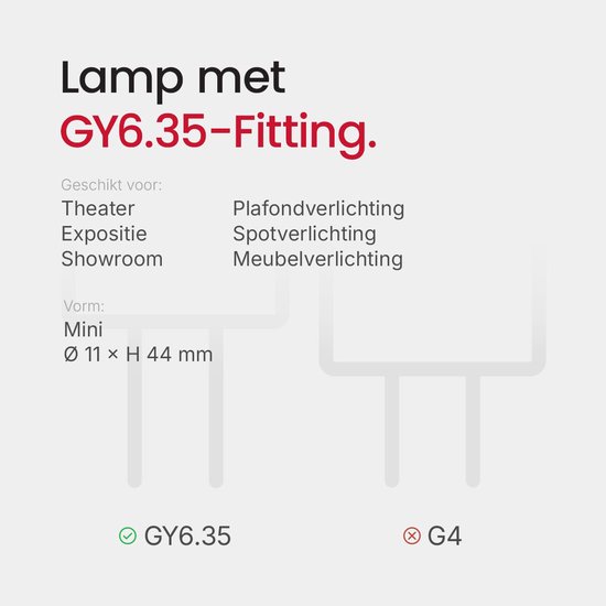 Schema van GY6.35-fitting. Tekst: Lamp met GY6.35-fitting. Geschikt voor theater, expositie en meubelverlichting.