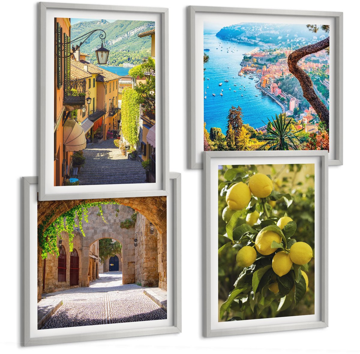 Coloray 4-Delige Schilderij Set - Schilderachtige Straatjes Langs De Kust, Uitzicht Op De Zee En Citroenen. - 40 x 40 cm En 40 x 60 cm - Wanddecoratie - Schilderijen Set - Kantoor - Interieur Decoratie