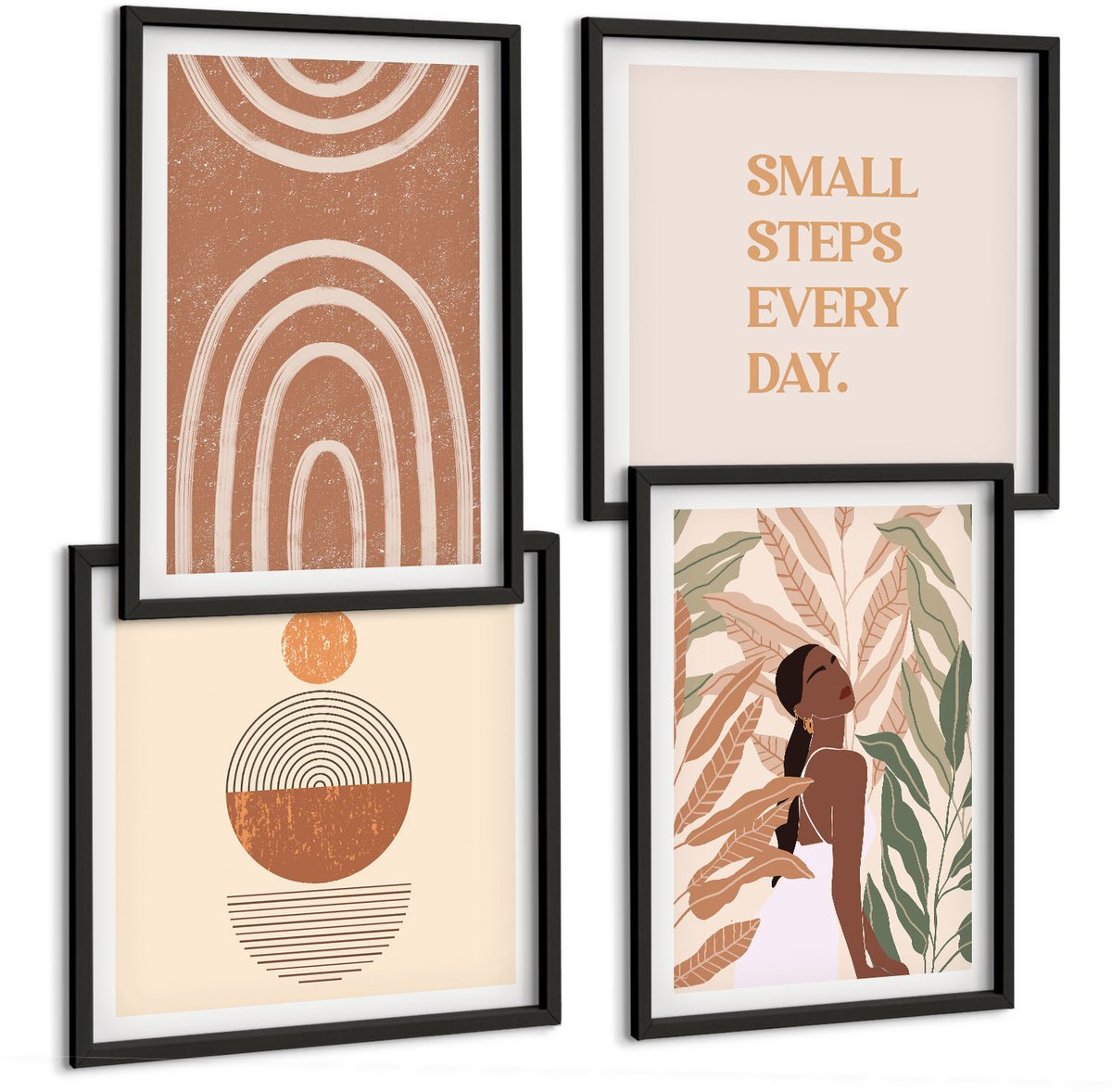 Coloray 4-Delige Schilderij Set - Stijlvolle Patronen Met Plantmotieven En Geometrische Vormen. - 40 x 40 cm En 40 x 60 cm - Wanddecoratie - Muurdecoratie - Moderne Interieurdecoratie - Decoratieve Schilderijen Zwarte lijst