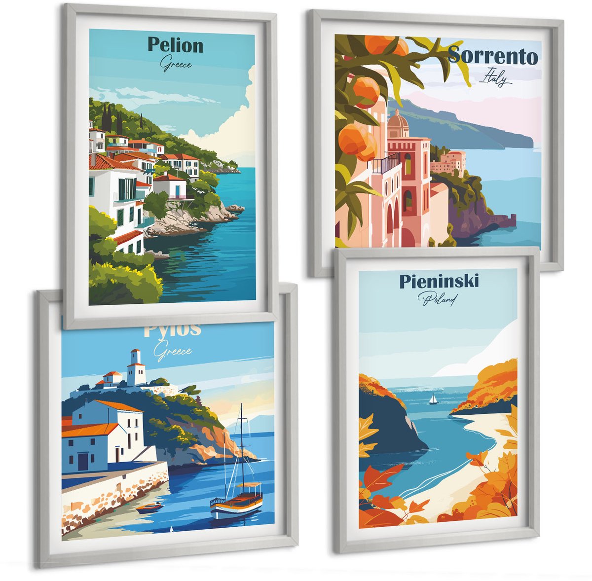 Coloray 4-Delige Schilderij Set - Schilderachtige Landschappen In Retrostijl - 40 x 40 cm En 40 x 60 cm - Moderne Wanddecoratie - Slaapkamer - Muurdecoratie