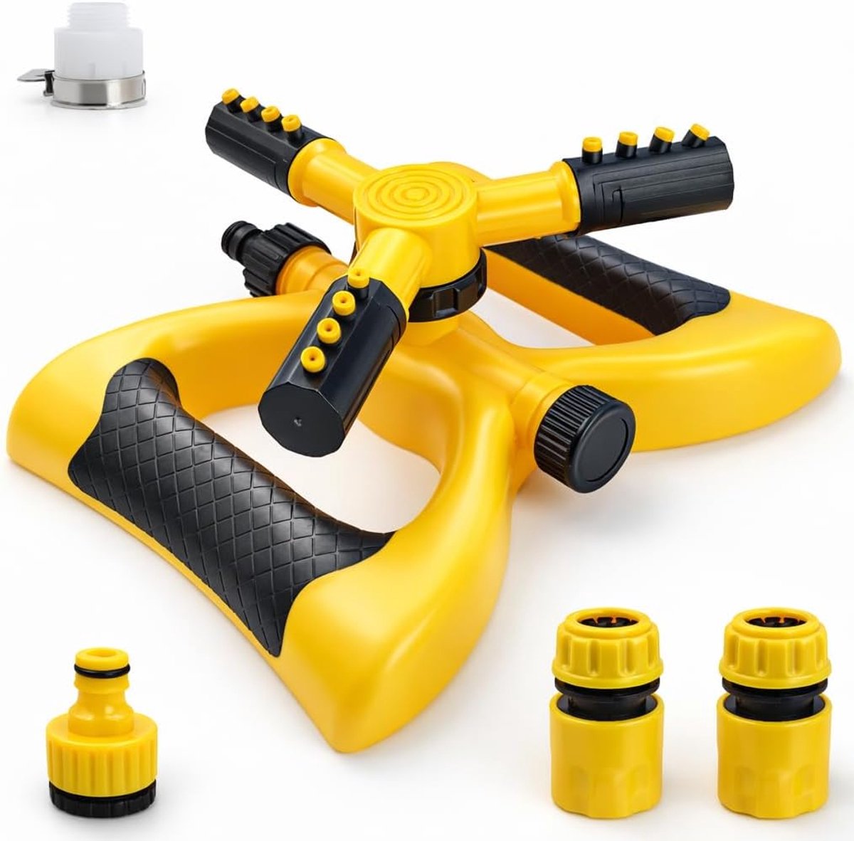 Sprinkler, 360 graden tuinbroeier met 3 verstelbare armen, slangenaansluitingskit met 4 adapters.
