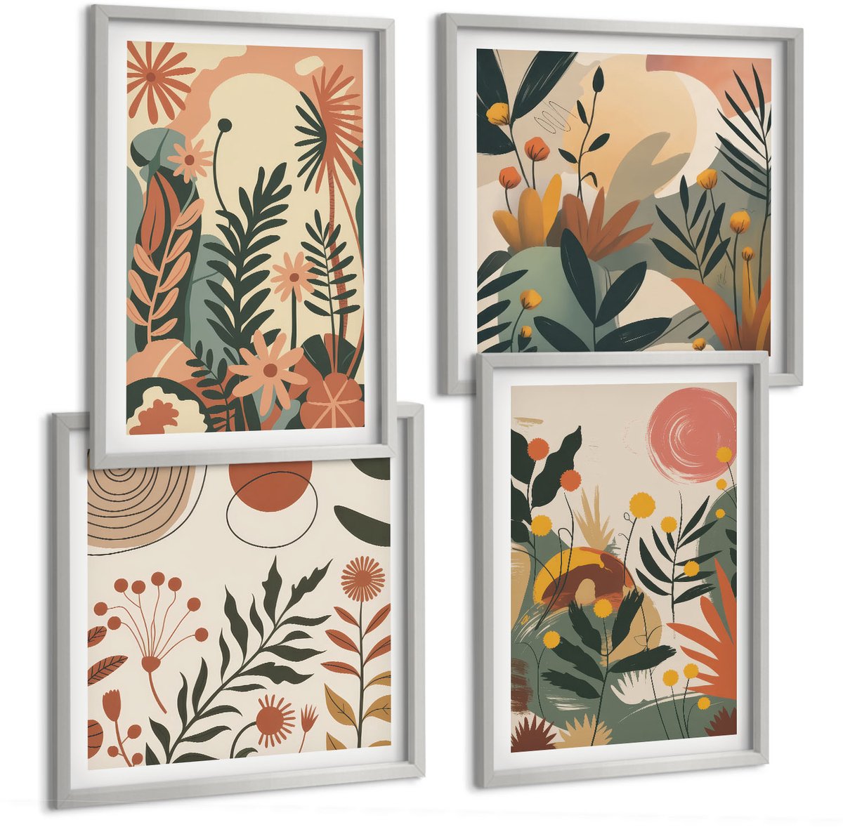 Coloray 4-Delige Schilderij Set - Vintage Bloemenpatronen In Pasteltinten - 40 x 40 cm En 40 x 60 cm - Muurdecoratie - Wanddecoratie - Slaapkamer - Moderne Wanddecoratie
