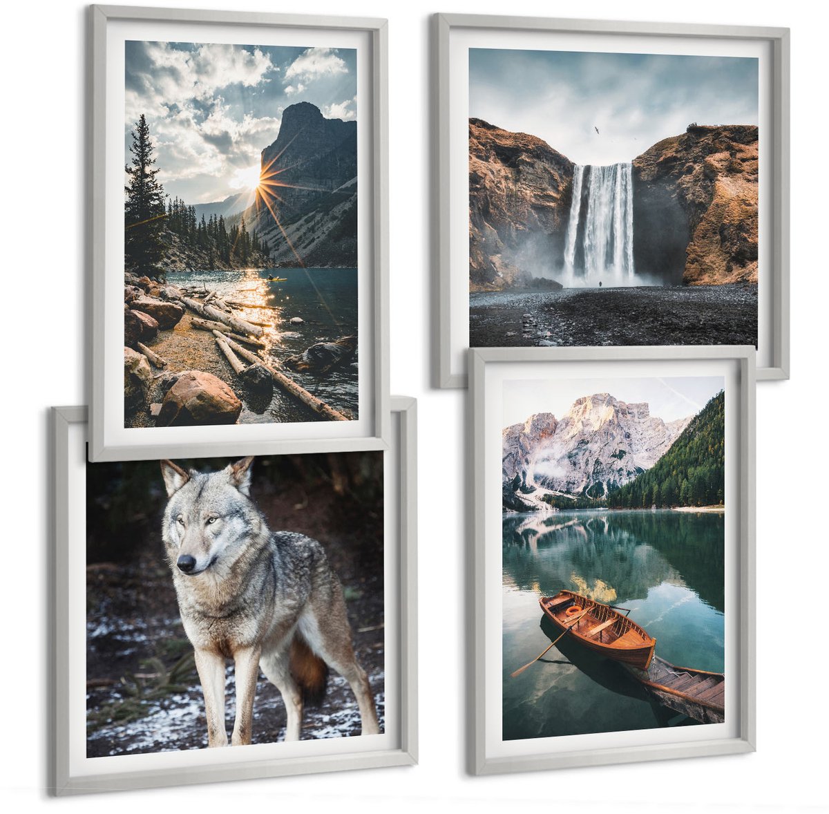 Coloray 4-Delige Schilderij Set - Bergen, Meren, Watervallen En Wolven In Een Natuurlijke Omgeving. - 40 x 40 cm En 40 x 60 cm - Stijlvolle Muurdecoratie - Kantoor - Woonkamer Decoratie