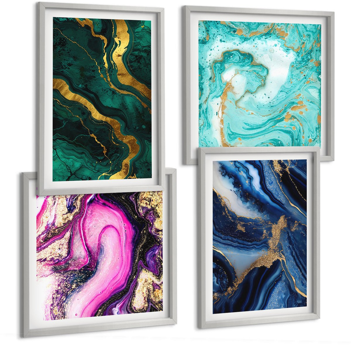 Coloray 4-Delige Schilderij Set - Abstracte Patronen In Tinten Roze, Groen En Blauw. - 40 x 40 cm En 40 x 60 cm - Moderne Wanddecoratie - Woonkamer - Interieur Decoratie