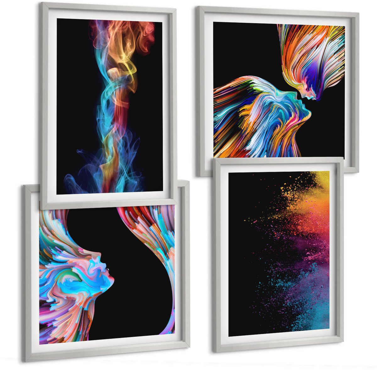 Coloray 4-Delige Schilderij Set - Kleurrijke Abstracties Met Gezichten En Dynamische Vormen - 40 x 40 cm En 40 x 60 cm - Muurdecoratie - Decoratieve Schilderijen - Wohnzimmer - Interieur Decoratie