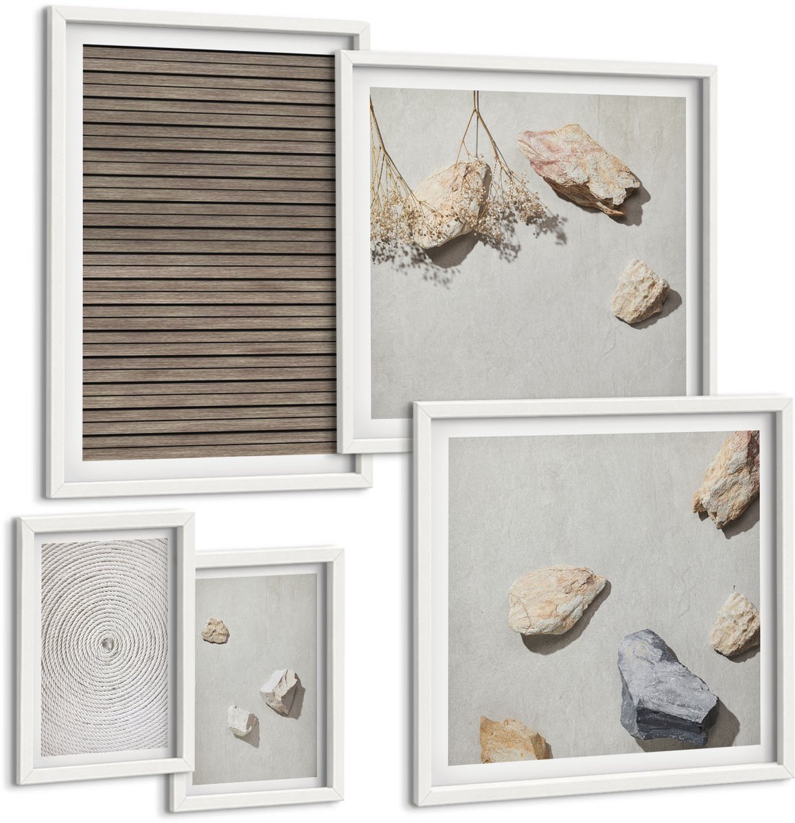 Coloray 5-Delige Schilderij Set - Natuurlijke Texturen: Hout, Stenen, Touw - 50 x 50 cm, 20 x 30 cm En 40 x 60 cm - Stijlvolle Muurdecoratie - Kantoor - Decoratieve Schilderijen