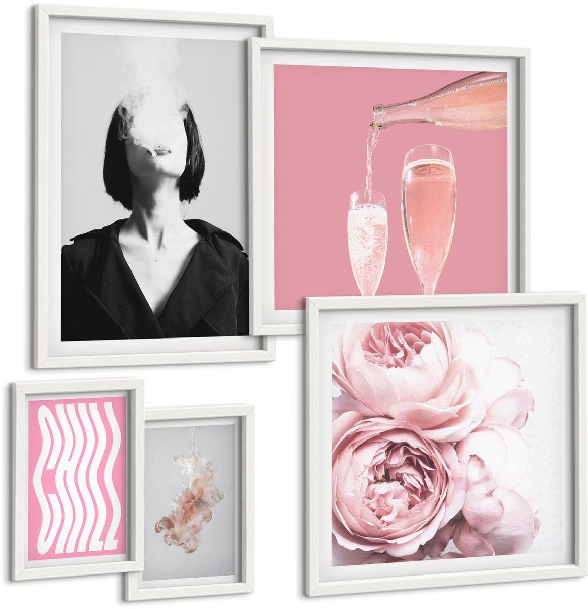 Coloray 5-Delige Schilderij Set - Stijlvolle Composities Met Roze Accenten En Bloemen. - 50 x 50 cm, 20 x 30 cm En 40 x 60 cm - Decoratieve Schilderijen - Woonkamer - Interieur - Wanddecoratie