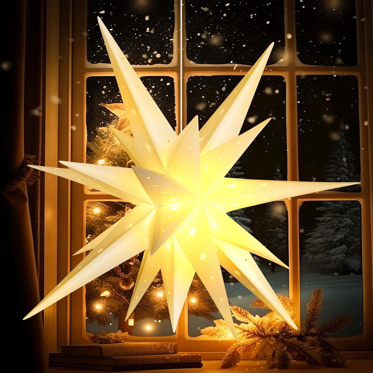 Kerstster met verlichting - 58 cm 3D - batterij en timer - voor binnen en buiten - LED-ster - voor feestliefhebbers - 1 stuk