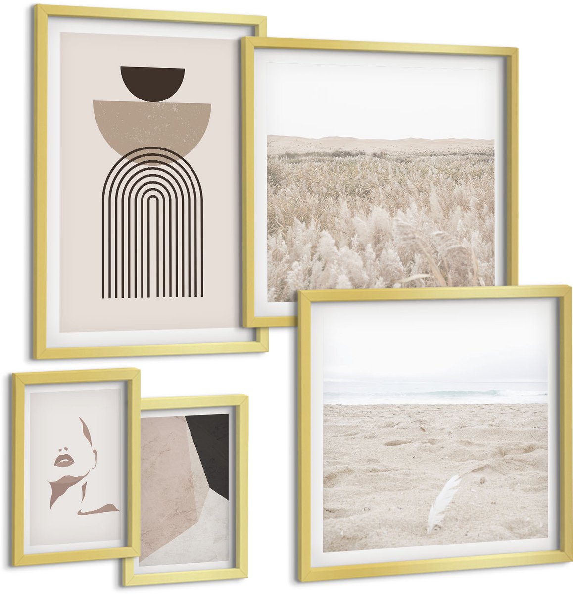 Coloray 5-Delige Schilderij Set - Stijlvolle Abstracte Kunst En Natuurlandschappen In Een Ingetogen Esthetiek. - 50 x 50 cm, 20 x 30 cm En 40 x 60 cm - Muurdecoratie - Wanddecoratie - Hal