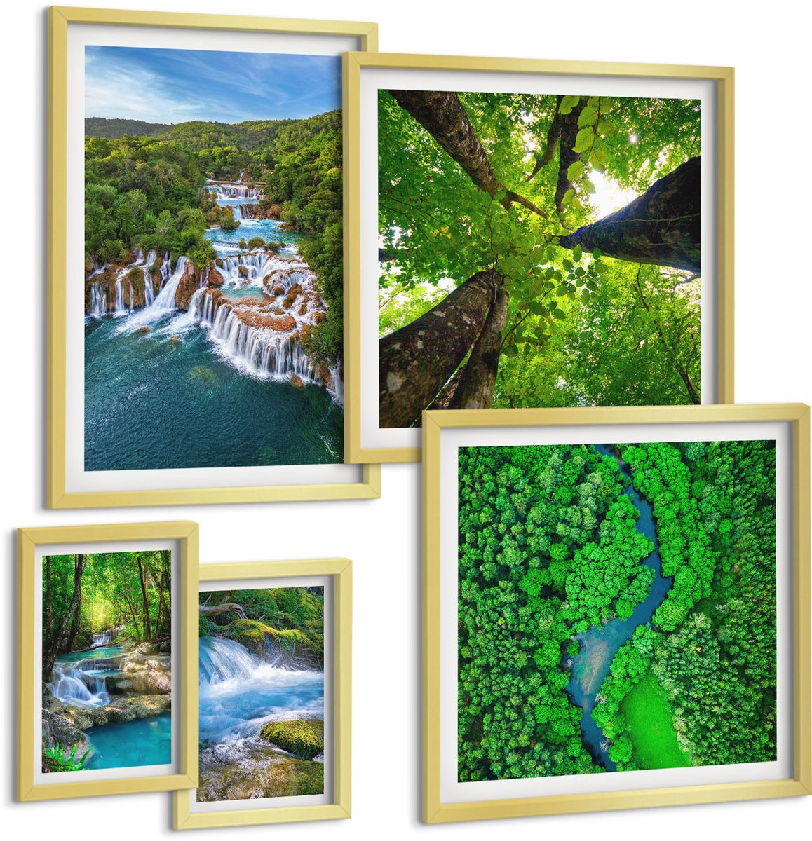 Coloray 5-Delige Schilderij Set - Natuurlijke Watervallen En Groene Natuurlandschappen - 50 x 50 cm, 20 x 30 cm En 40 x 60 cm - Wanddecoratie - Moderne Interieurdecoratie - Muurdecoratie