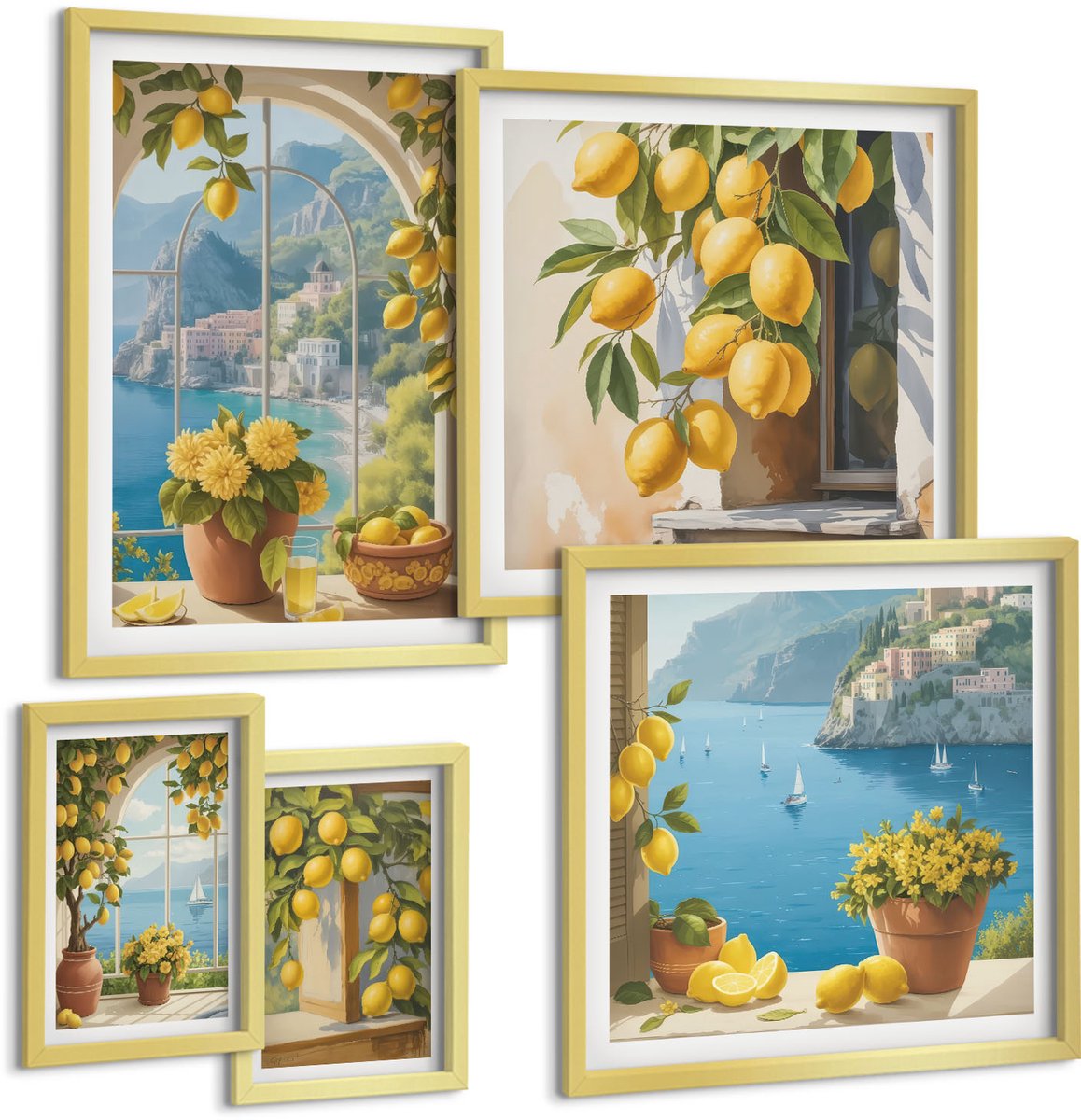 Coloray 5-Delige Schilderij Set - Citroenaccenten In Provençaalse Stijl Met Uitzicht Op Zee - 50 x 50 cm, 20 x 30 cm En 40 x 60 cm - Wanddecoratie - Moderne Interieurdecoratie - Interieur Decoratie