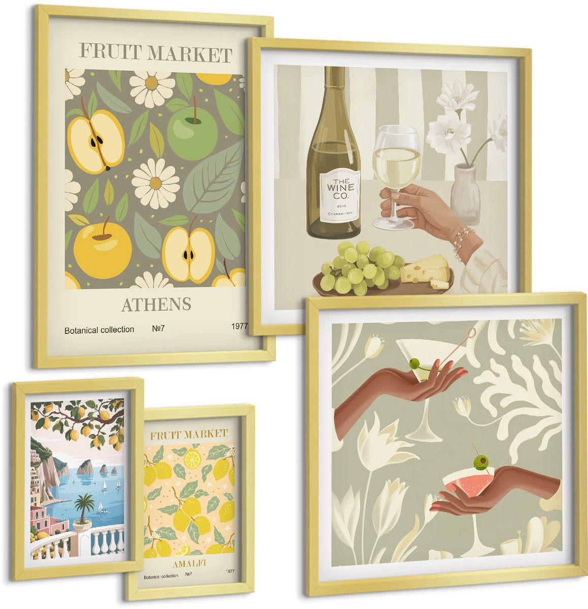 Coloray 5-Delige Schilderij Set - Sfeervolle Fruit- En Botanische Illustraties Uit De Jaren 70 - 50 x 50 cm, 20 x 30 cm En 40 x 60 cm - Muurdecoratie - Decoratieve Schilderijen - Wohnzimmer