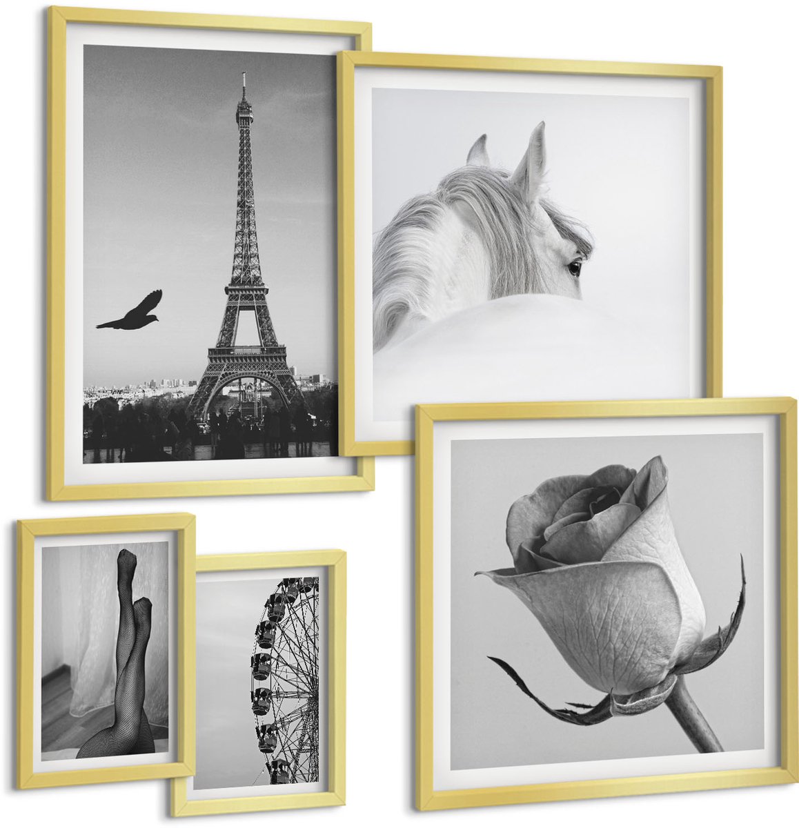 Coloray 5-Delige Schilderij Set - Stijlvolle Zwart-Witfoto'S Met Parijs En Elegantie. - 50 x 50 cm, 20 x 30 cm En 40 x 60 cm - Muurdecoratie - Wanddecoratie - Hal