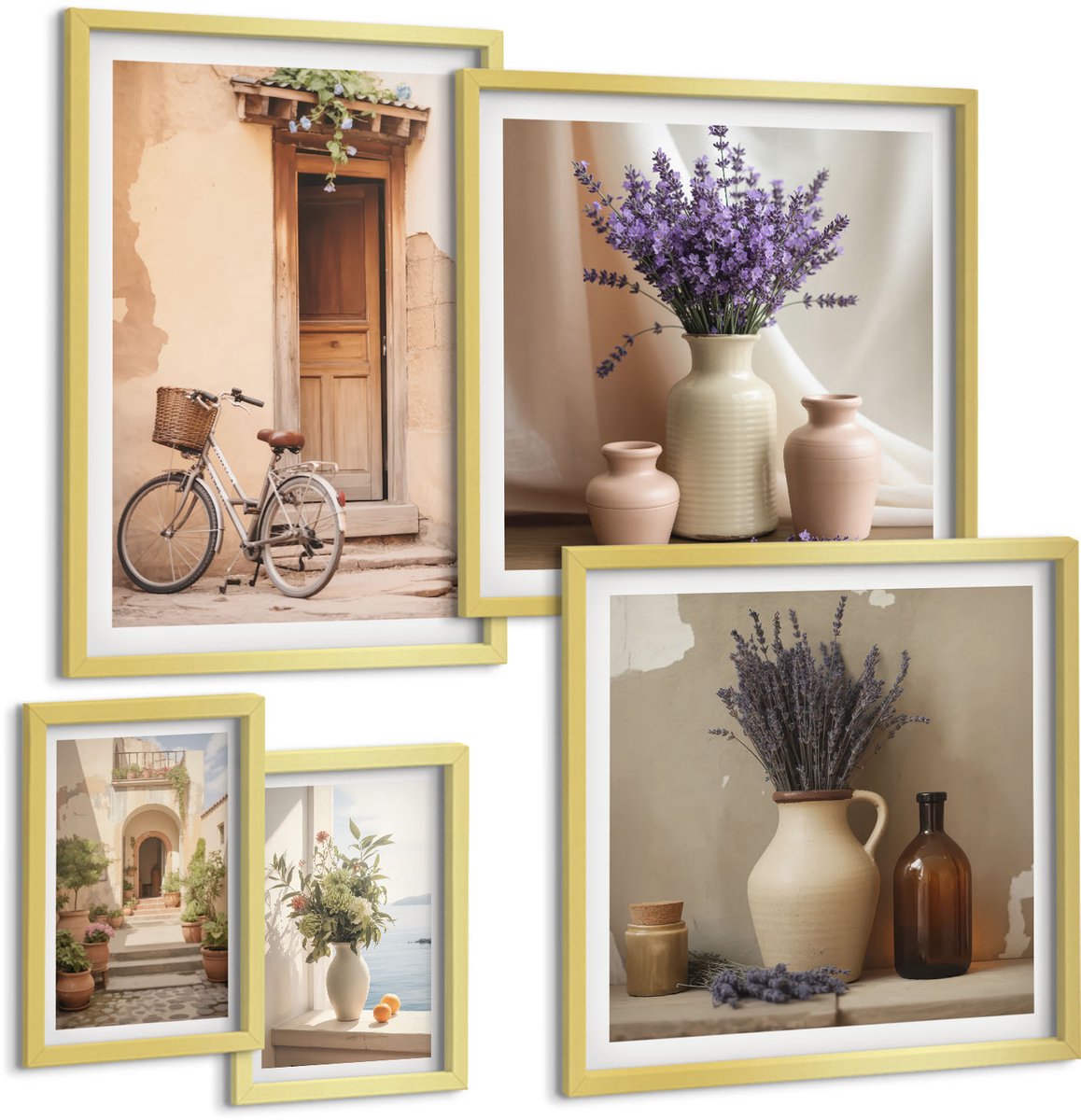 Coloray 5-Delige Schilderij Set - Stijlvol Interieur Met Bloemmotieven En Een Fiets - 50 x 50 cm, 20 x 30 cm En 40 x 60 cm - Wanddecoratie - Schilderijen Set - Kantoor