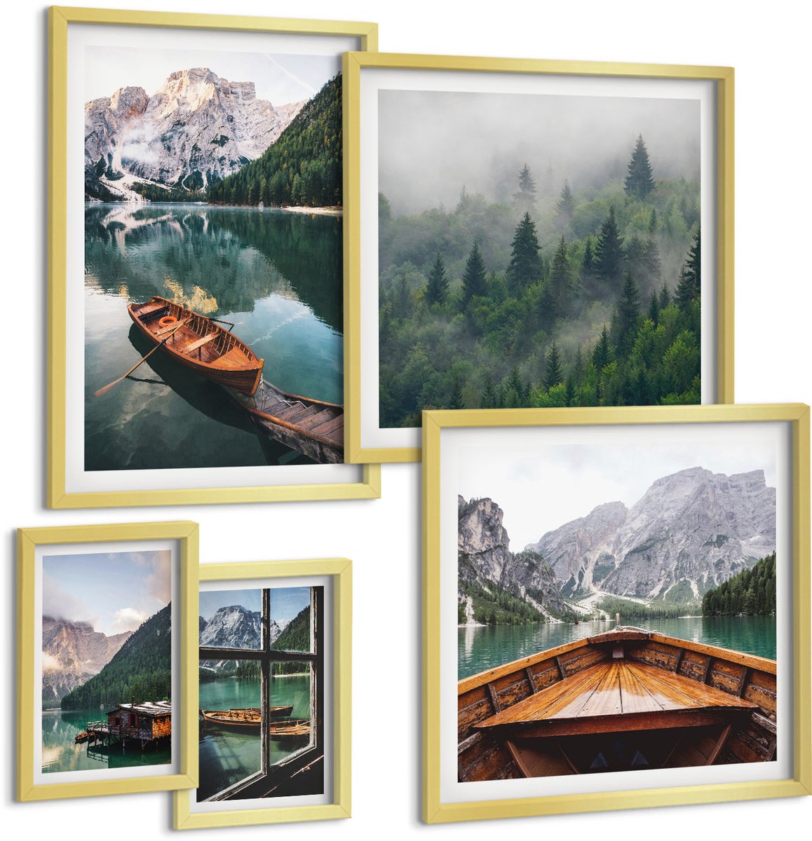 Coloray 5-Delige Schilderij Set - Rustgevende Uitzichten Op Bergmeren En Pittoreske Boten - 50 x 50 cm, 20 x 30 cm En 40 x 60 cm - Muurdecoratie - Interieur Decoratie - Woonkamer Decoratie