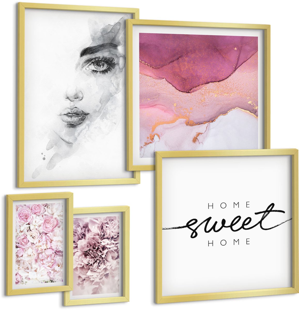 Coloray 5-Delige Schilderij Set - Vrouwenportretten En Bloemcomposities In Pastel. - 50 x 50 cm, 20 x 30 cm En 40 x 60 cm - Decoratieve Schilderijen - Wanddecoratie - Hal - Woonkamer Decoratie
