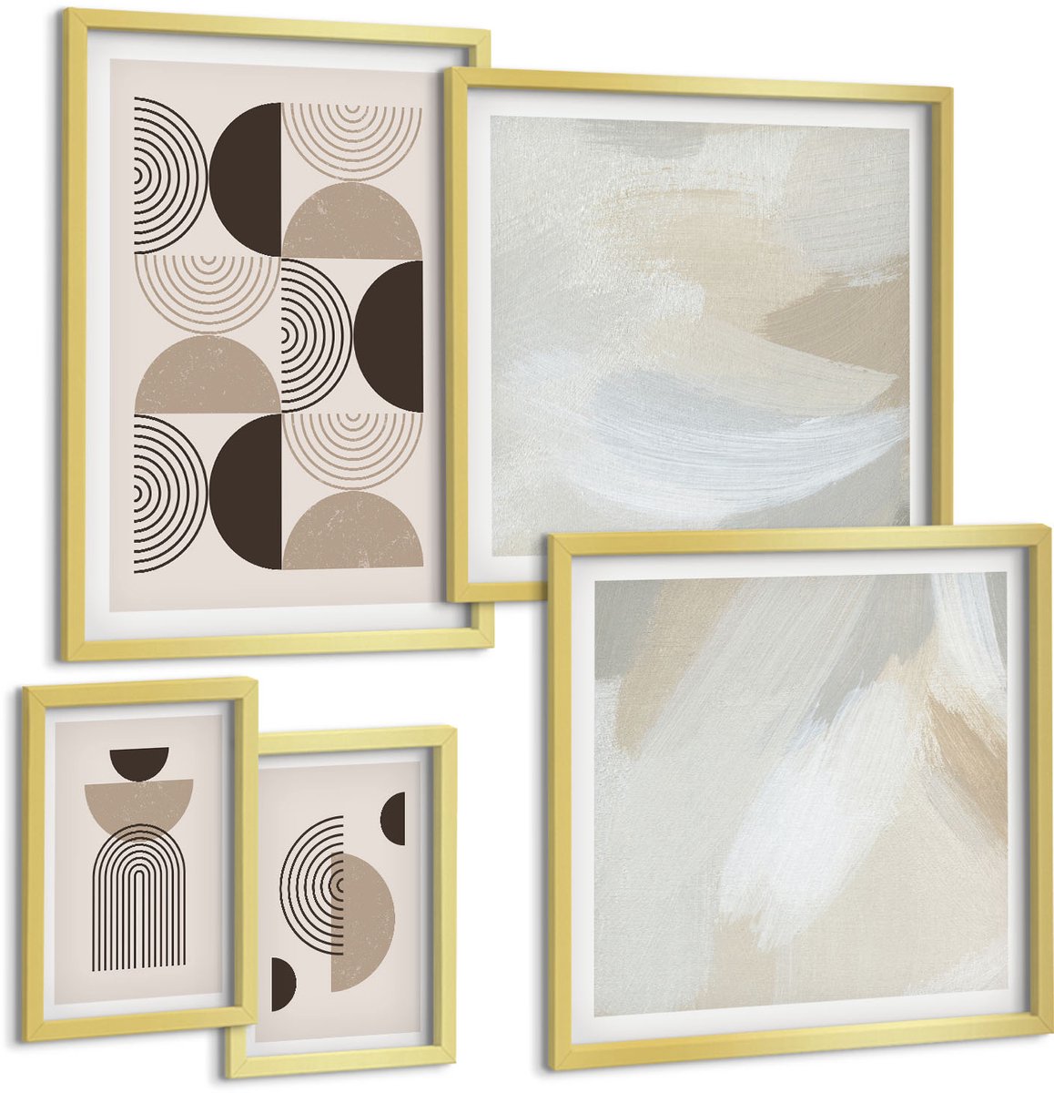 Coloray 5-Delige Schilderij Set - Abstracte Geometrische Vormen In Ingetogen Kleuren - 50 x 50 cm, 20 x 30 cm En 40 x 60 cm - Stijlvolle Wanddecoratie - Interieur - Woonkamer Decoratie