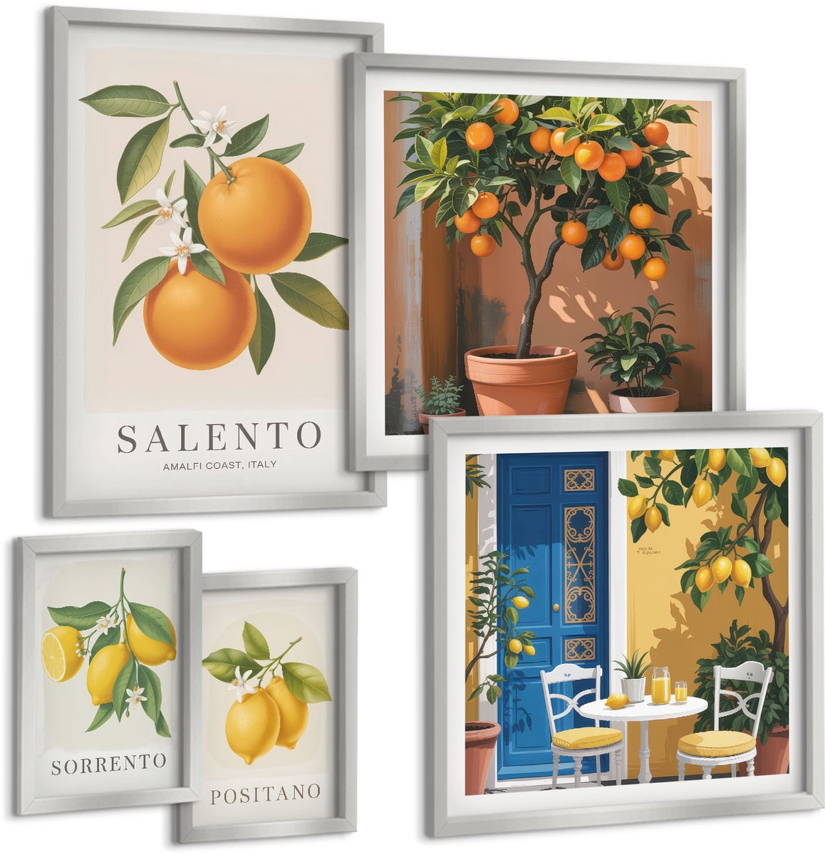 Coloray 5-Delige Schilderij Set - Citroen- En Sinaasappelbloemen In Kleurrijke Patronen - 20 x 30 cm - Wanddecoratie - Muurdecoratie - Woonkamer