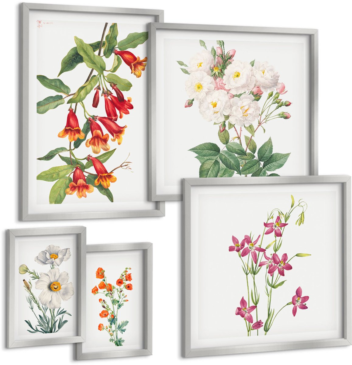 Coloray 5-Delige Schilderij Set - Bloemstukken Uit Verschillende Steden In Retrostijl - 20 x 30 cm - Decoratieve Muurdecoratie - Slaapkamer