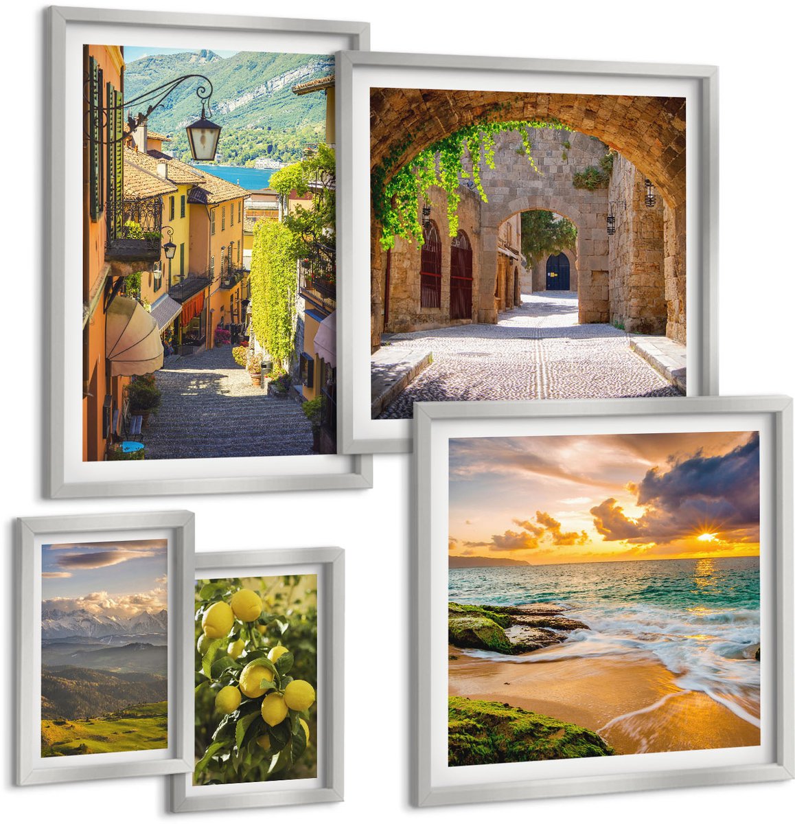 Coloray 5-Delige Schilderij Set - Schilderachtige Straatjes, Zee, Strand En Citrusbomen. - 20 x 30 cm - Decoratieve Schilderijen - Wanddecoratie - Hal