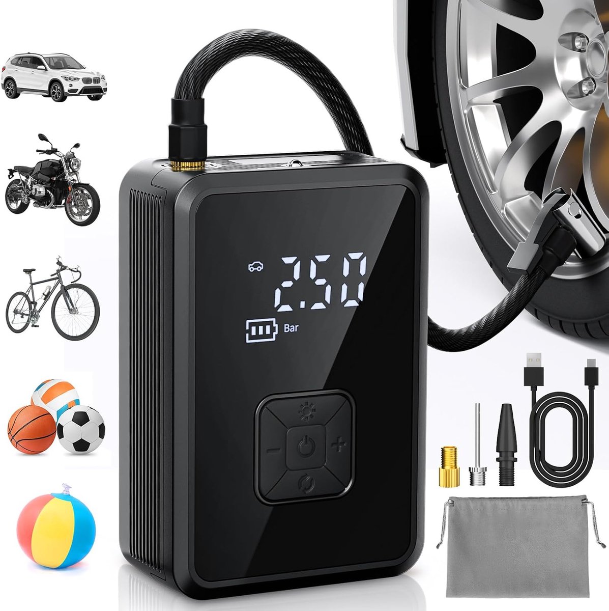 Draagbare Bandenluchtcompressor met Oplaadbare Presta Valve en Schrader Elektrische Pomp voor Auto Motorfiets en Fietsen met LED Licht