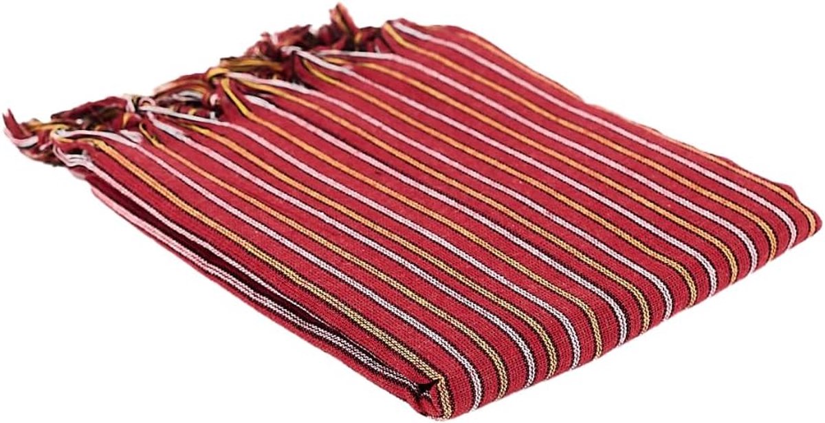 Hamamdoek Rhodos 75 x 175 cm saunahanddoek rood gestreept vast | 100% katoen, licht en compact, absorberend en sneldrogend, klein pakformaat, handgeknoopte franjes