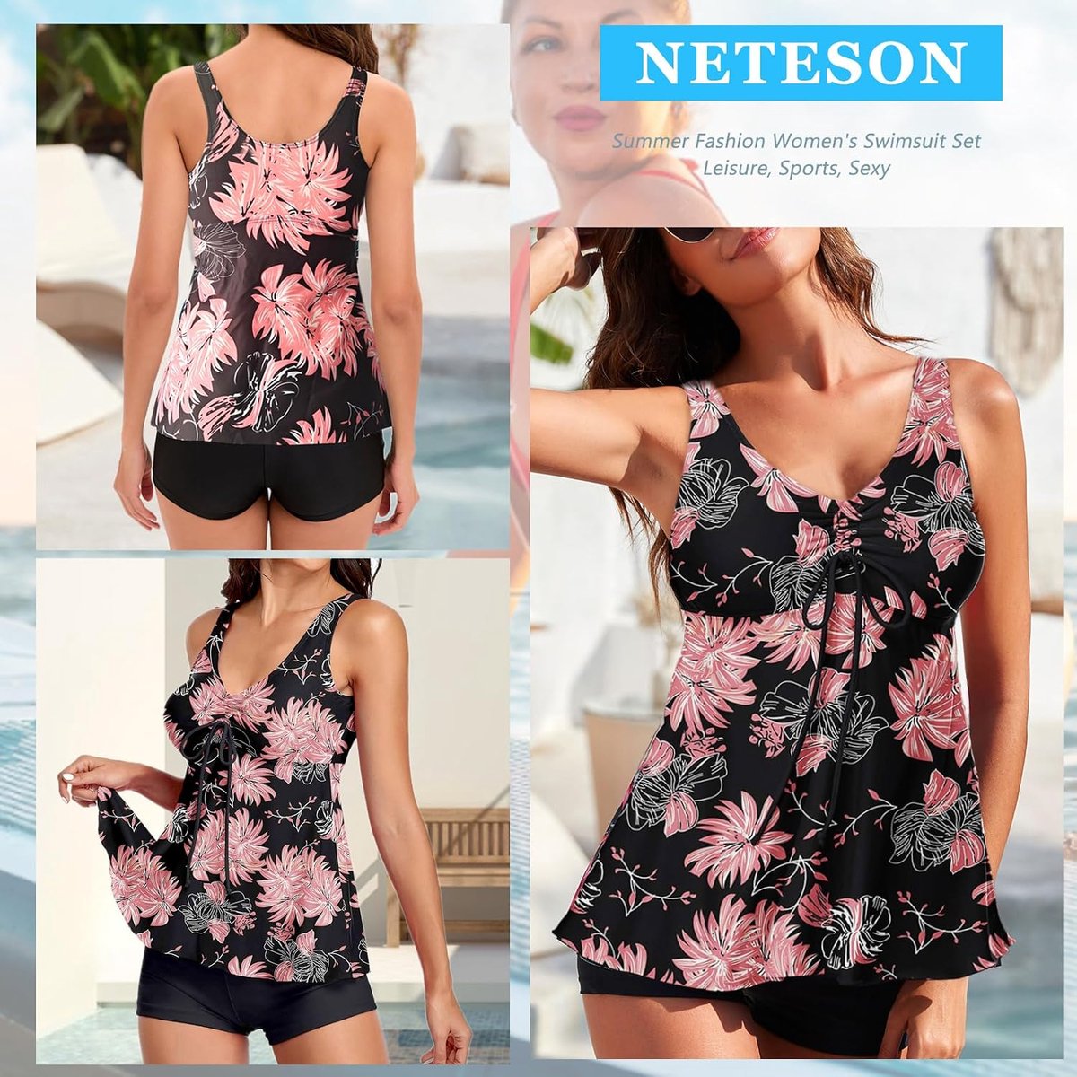 Push-up, 2-delig, tankini voor dames, buikweg, strandkleding, bovendeel en zwemshorts voor vakantie, strand