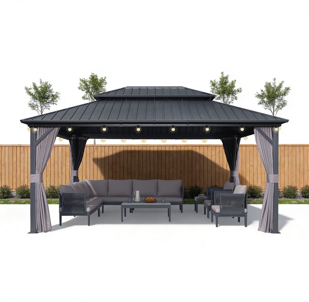 PURPLE LEAF Essential Hardtop Tuinpaviljoen met LED-verlichtin – Gegalvaniseerd Stalen Dak – Aluminium Frame – Gordijnen en Klamboe – Grau