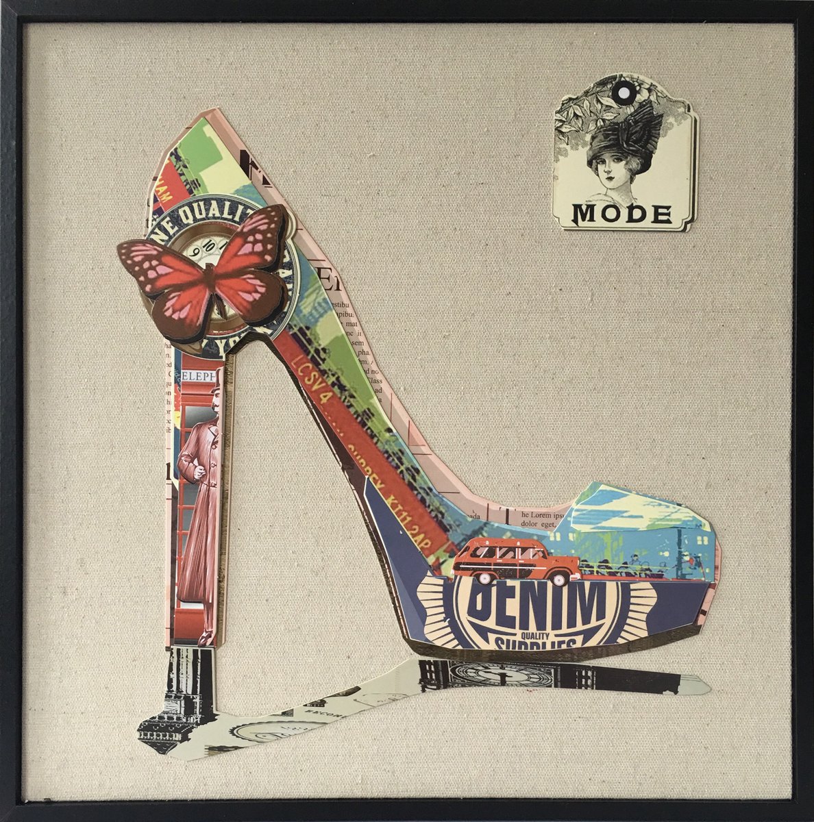 Padiro wanddecoratie 42 x 42 cm - meerkleurig - papier op canvas met lijst - schoenmotief in collage