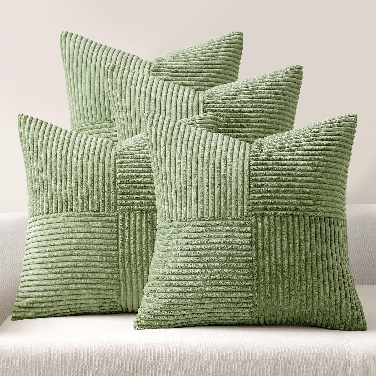 Set van 4 Kussenhoezen met Lappen en Kant - Zachte Decoratieve Kussens met Onzichtbare Rits voor Bank en Slaapkamer - Groene Kussenhoezen 50 cm