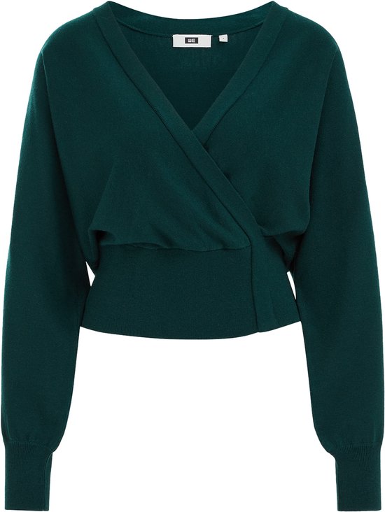 Diepgroene wikkel-trui met V-hals en lange mouwen, model van WE Fashion.